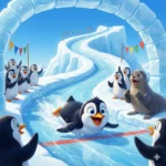 Pinguim desliza na neve sob o olhar atento de outros pinguins e uma foca.