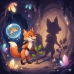 Raposa sorridente com besouro e planta, em caverna com cristais e sombra.