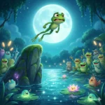 Sapo verde salta de pedra na noite iluminada pela lua, com outros sapos observando.