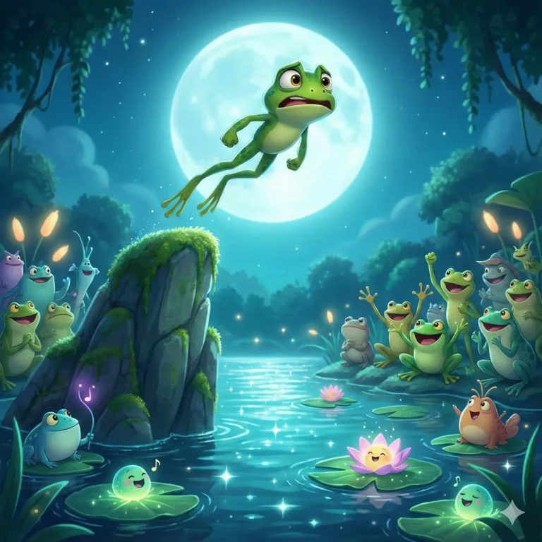 Sapo verde salta de pedra na noite iluminada pela lua, com outros sapos observando.