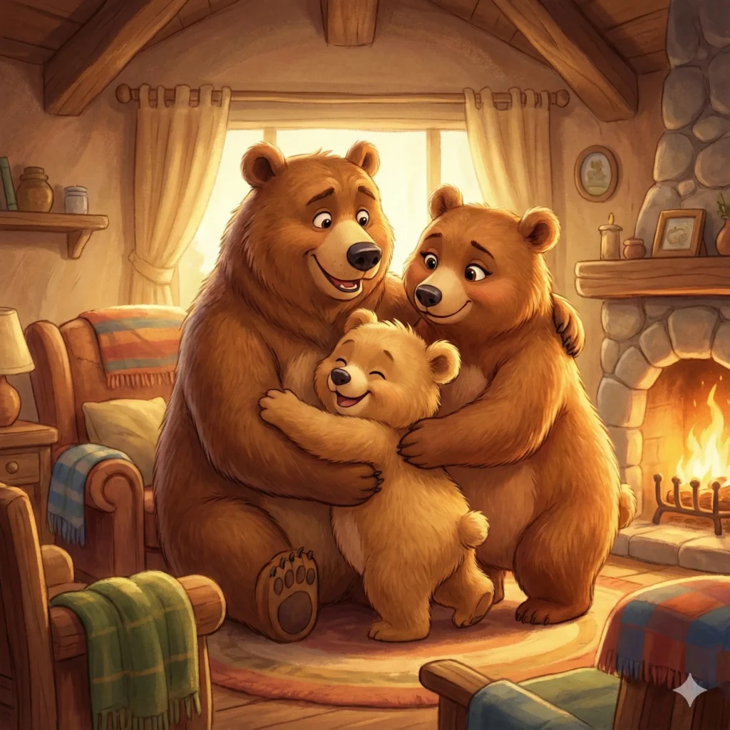 Família urso se abraçando em aconchegante casa com lareira e móveis de madeira.