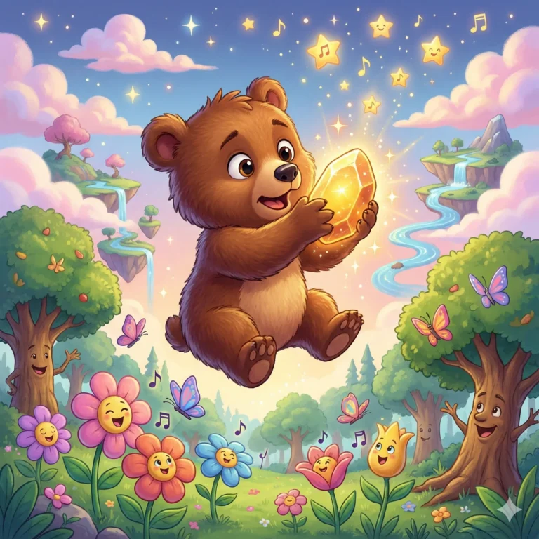 Urso fofo segura gema brilhante no céu com flores sorrindo e cachoeiras flutuantes.