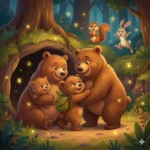 Família de ursos na floresta com esquilo, coelho e vaga-lumes brilhantes.