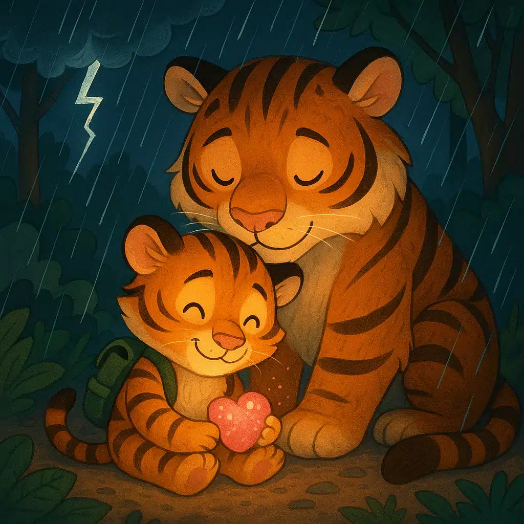 Filhote de tigre segurando uma pedrinha em forma de coração, abrigado da chuva com seus pais em uma floresta — ilustração acolhedora ideal para historinhas infantis sobre amor, coragem e novos irmãos.