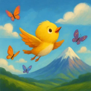 Passarinho amarelo voando alegremente entre borboletas coloridas com uma montanha ao fundo — ilustração infantil inspiradora ideal para historinhas sobre coragem, sonhos e superação.