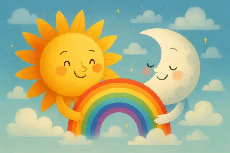 Sol e lua sorridentes segurando um arco-íris colorido entre nuvens fofas em um céu azul.
