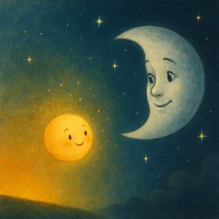 Ilustração infantil com lua sorrindo e sol brilhando sob um céu estrelado noturno.
