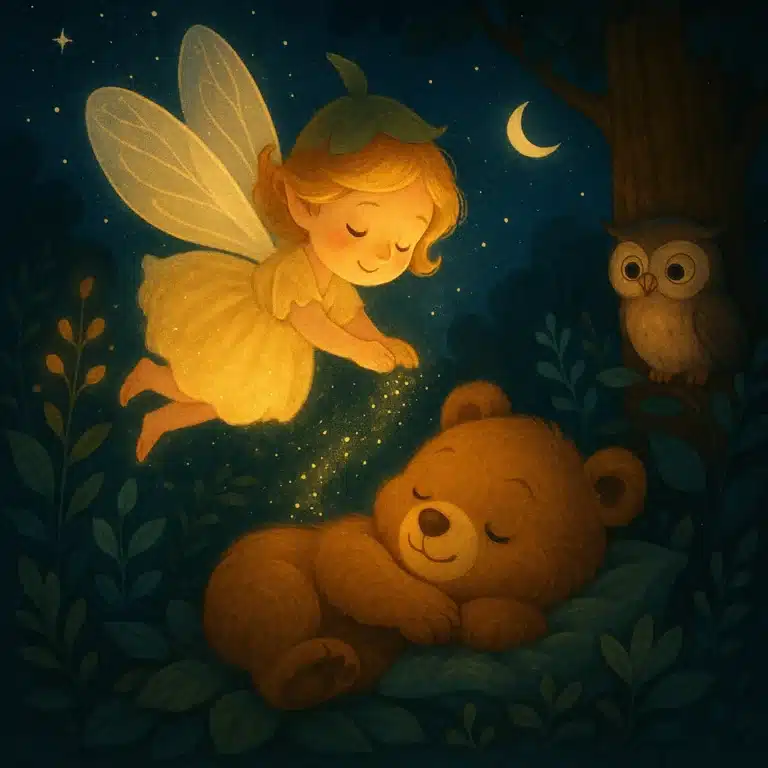 Fada dourada paira sobre urso adormecido, espalhando brilho mágico sob a luz da lua.