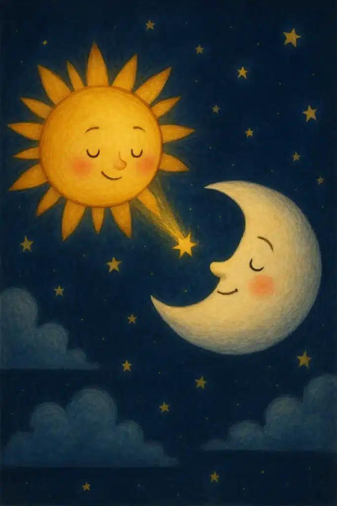 Ilustração infantil de um sol e uma lua com rostos sorridentes trocando um raio de luz no céu noturno estrelado, representando amizade e coragem — ideal para historinhas infantis.