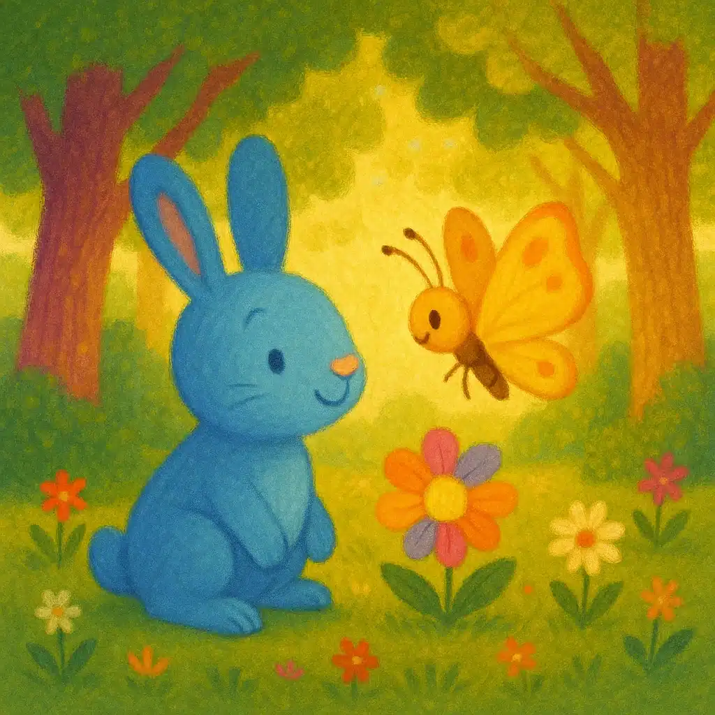 Coelhinho azul e borboleta amarela em uma clareira ensolarada rodeada por árvores e flores coloridas — ilustração encantadora ideal para historinhas infantis sobre amizade e aventuras mágicas.