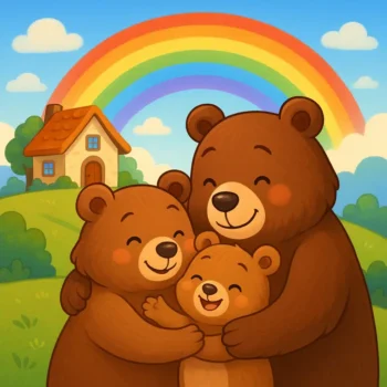 O Abraço do Arco-Íris | História Educativa Família de ursos sorridentes se abraçando sob um arco-íris colorido em um campo verde com casinha ao fundo, cena fofa e amorosa ideal para historinhas infantis.
