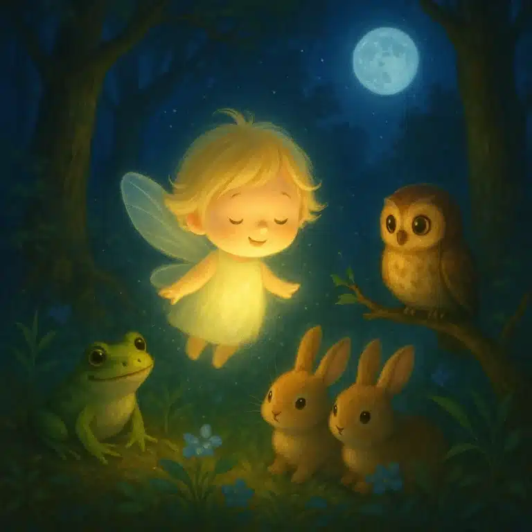 Fada loira iluminada flutua na floresta escura com sapo, coruja e coelhos sob a luz da lua.
