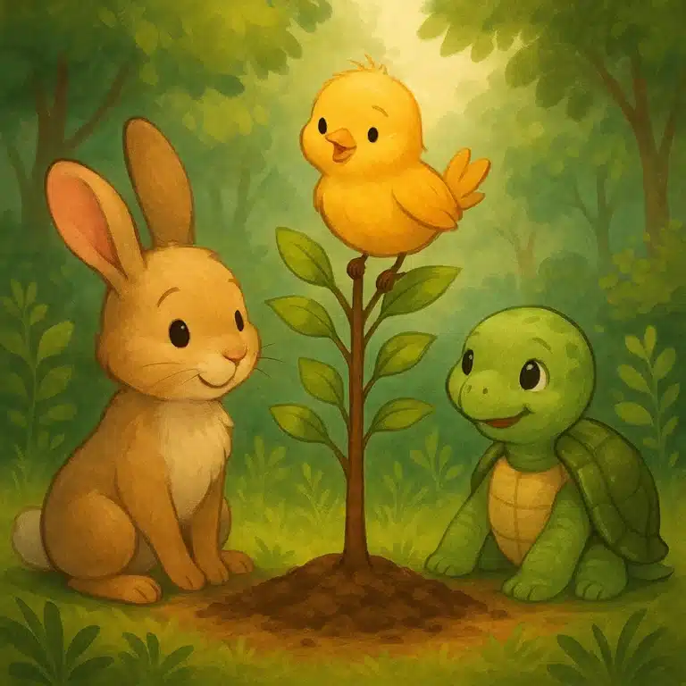 Coelho, pintinho e tartaruga cuidam de uma pequena planta em uma ilustração infantil.