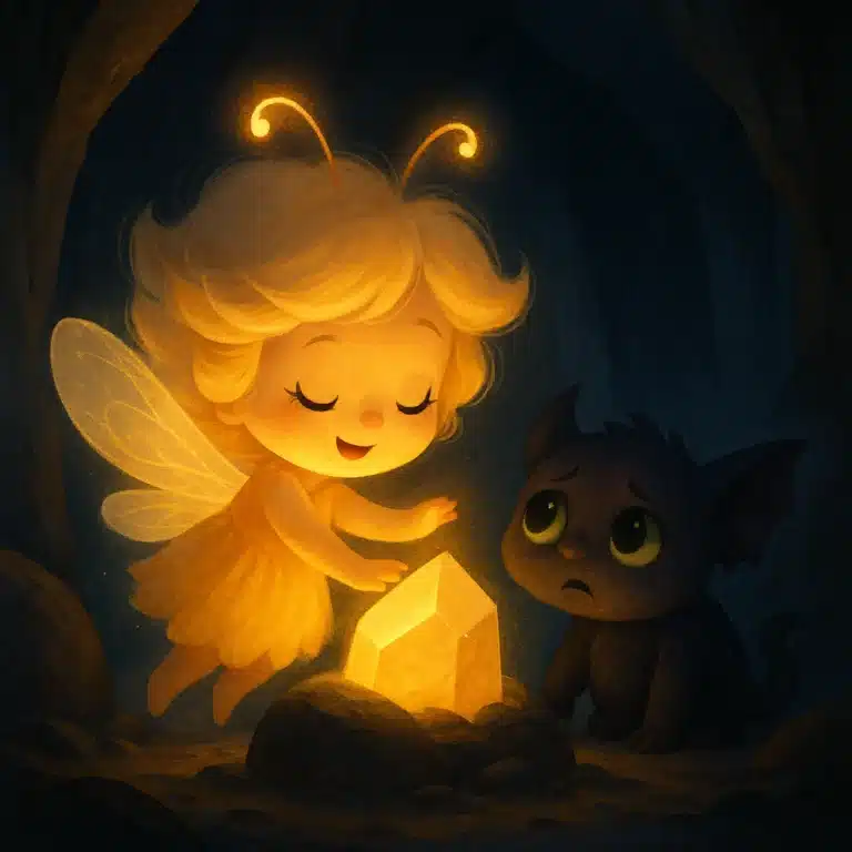 Fada loira iluminada oferecendo cristal brilhante a criatura sombria com olhos grandes.