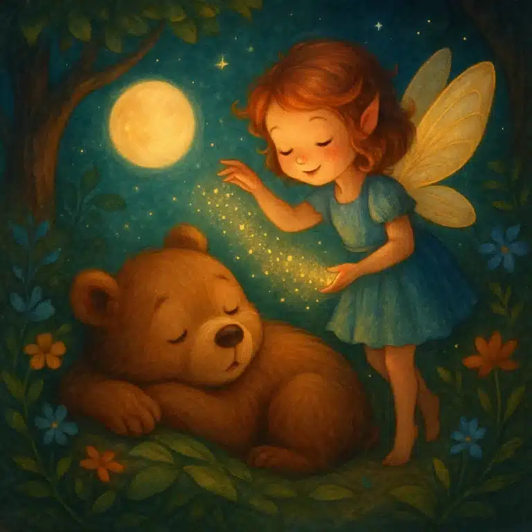 Fada com asas brilhantes toca um urso adormecido sob a luz do luar.