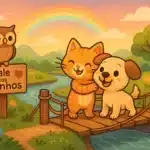 Desenho de gato abraçando cachorro em ponte sobre rio com coruja e arco-íris.