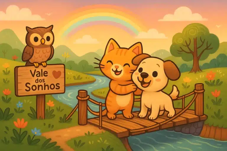 Desenho de gato abraçando cachorro em ponte sobre rio com coruja e arco-íris.