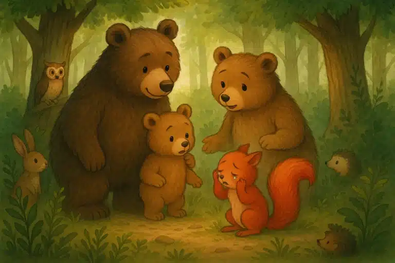 Esquilo chorando é consolado por família urso em floresta com coelho, coruja e ouriços.