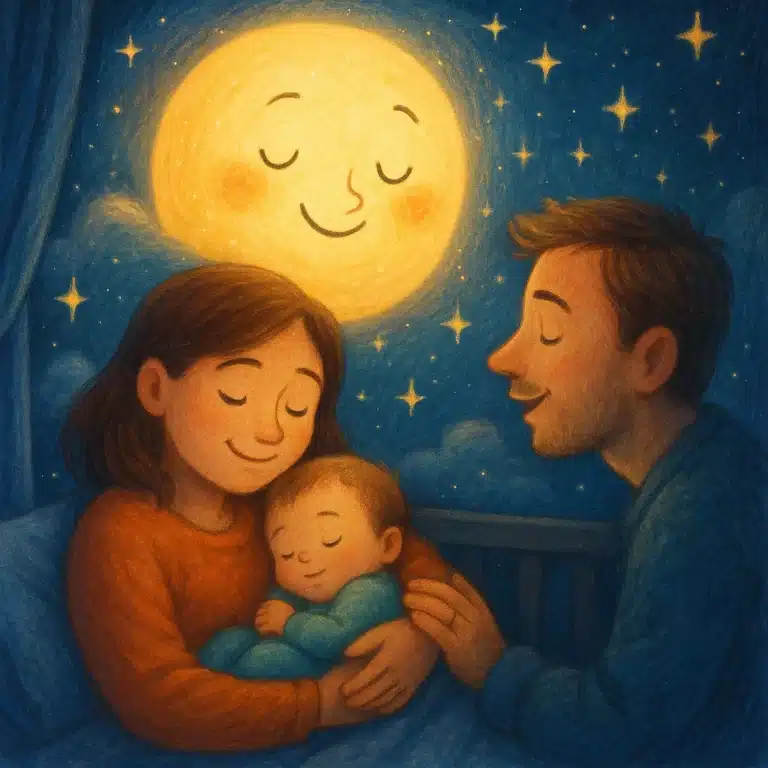 Família admirando bebê adormecido sob a luz suave da lua sorridente e estrelas.