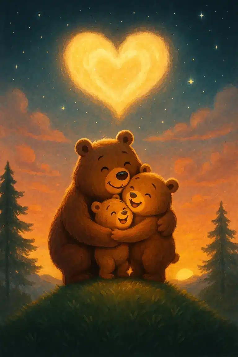 Família de ursos se abraçando sob um coração brilhante no céu noturno.