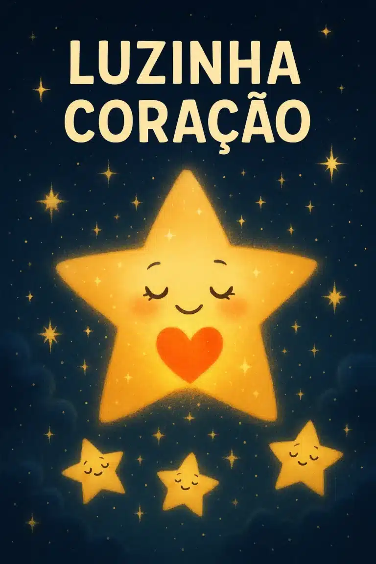 Estrela grande com coração sorri cercada por estrelinhas cintilantes no céu noturno.