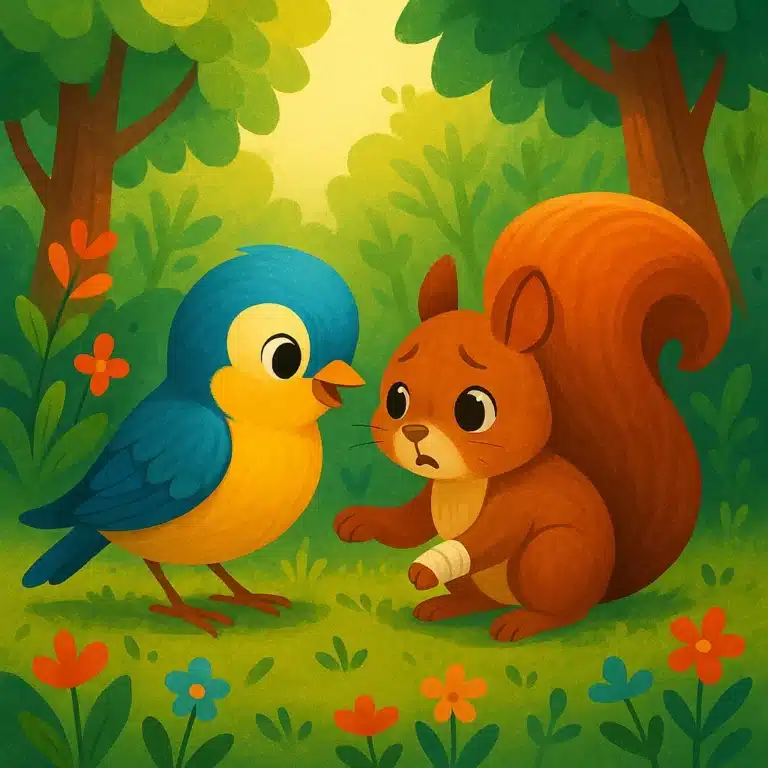 Pássaro azul conversando com esquilo marrom de braço enfaixado em floresta colorida.