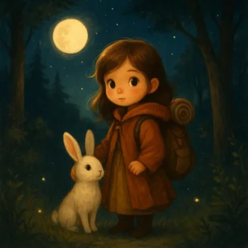 Menina com capa marrom e mochila ao lado de coelho branco em floresta mágica iluminada pela lua cheia, imagem encantadora ideal para historinhas infantis sobre aventura e amor familiar.