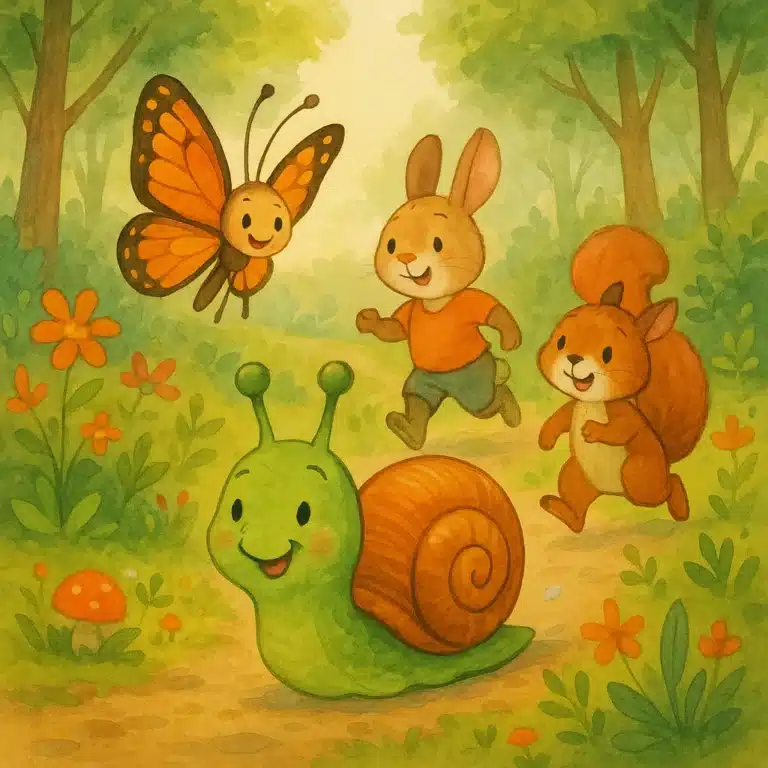 Desenho de um caracol, borboleta, coelho e esquilo sorrindo em uma trilha na floresta.