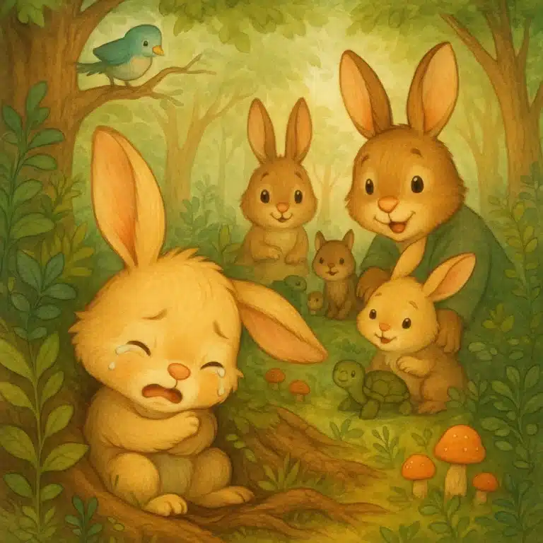 Coelho triste chorando cercado por outros coelhos, um pássaro e uma tartaruga.