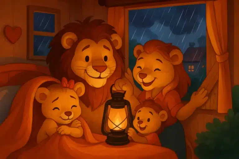 Família de leões sorri perto de uma lamparina durante a chuva em uma cabana.