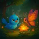 Pássaro azul e borboleta observam flor brilhante em floresta mágica com luzes cintilantes.