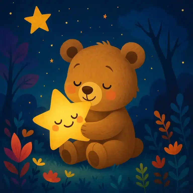 Urso marrom abraça uma estrela sorrindo sob outra estrela em noite florida.