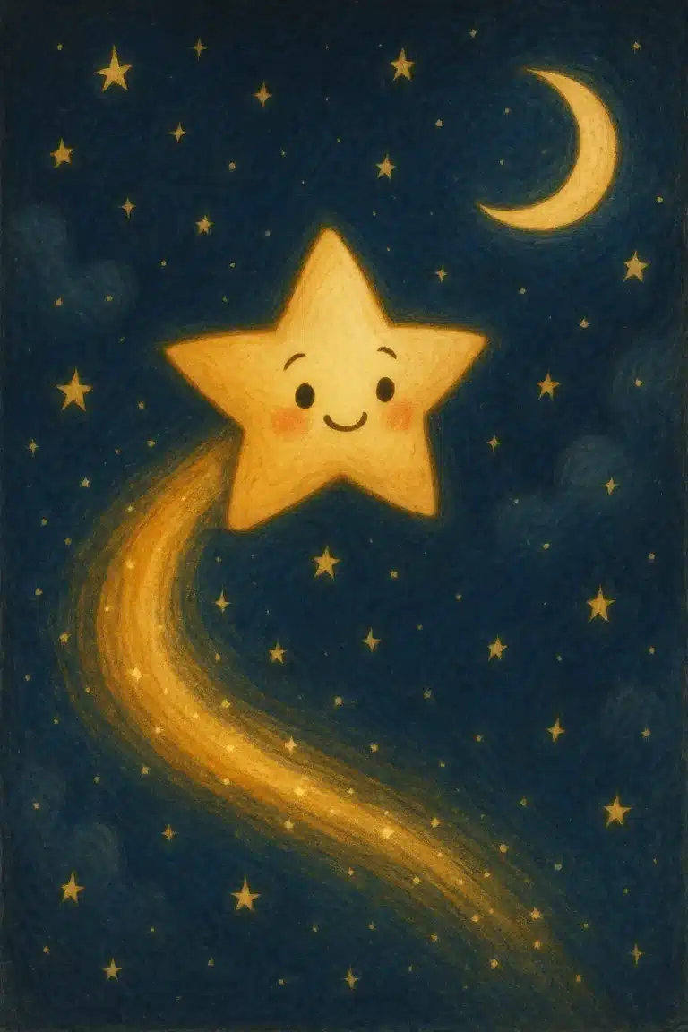 Estrela sorrindo voa no céu noturno azul escuro com lua crescente e estrelas.
