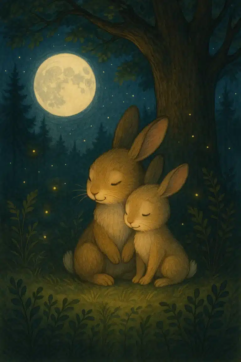 Dois coelhos marrons aconchegados sob a luz da lua e as estrelas.