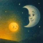 Lua crescente sorridente e um sol amarelo-alaranjado de rostinho feliz num céu noturno azul cheio de estrelas