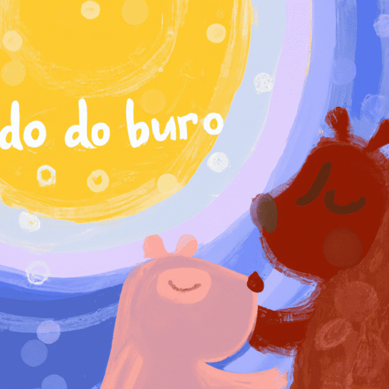 Dois ursinhos sorrindo um para o outro sob um sol amarelo e céu azul.