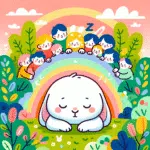 O Soninho do Bebê Coelho e o Grande Abraço da Família Coelho branco dormindo sob arco-íris com crianças observando em paisagem colorida.