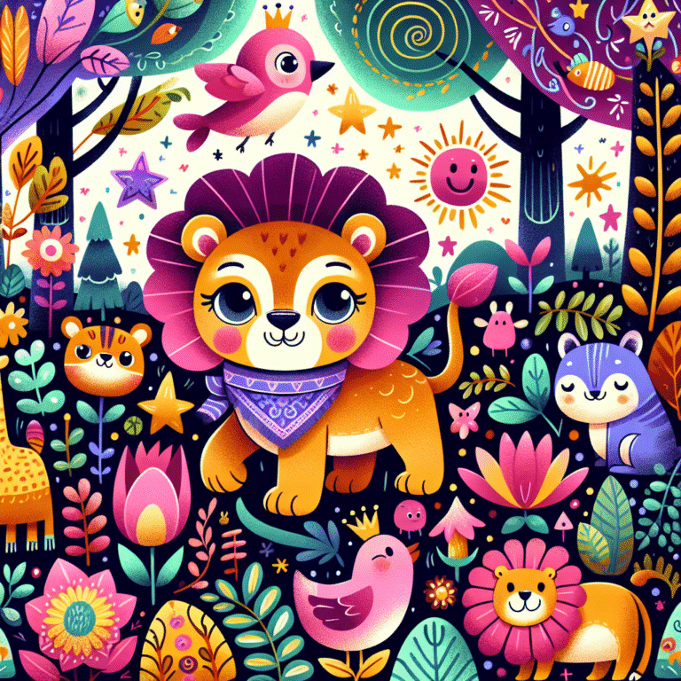 Leão sorrindo com bandana em floresta colorida, rodeado por animais, flores e sol.
