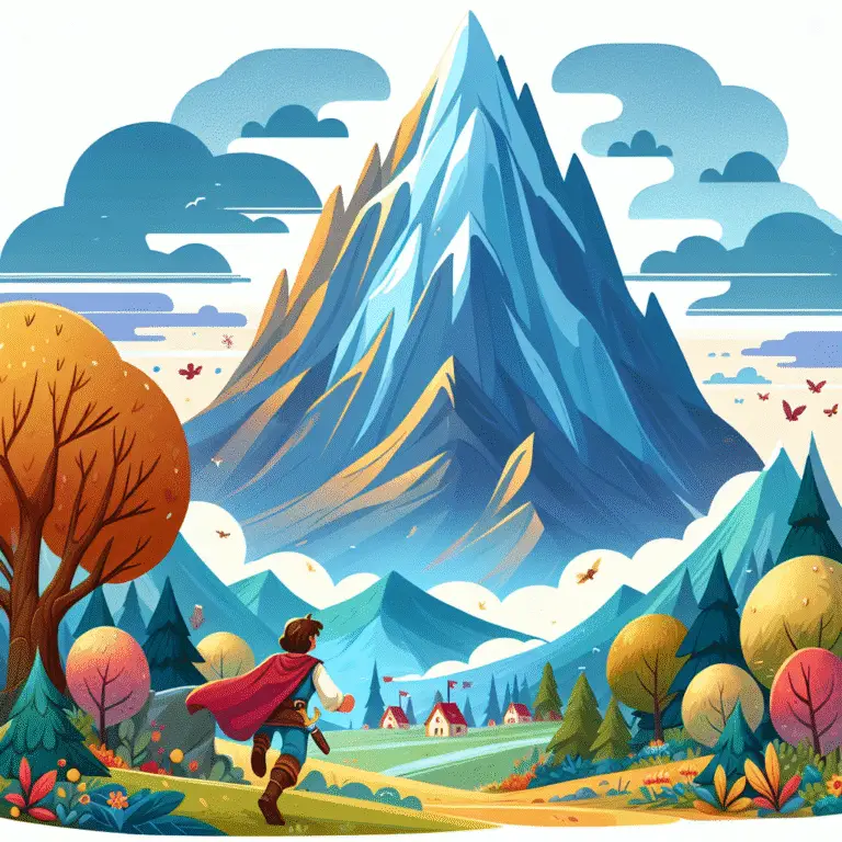 Jovem corre rumo a montanha nevada em paisagem colorida com árvores e casas.