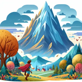 Jovem corre rumo a montanha nevada em paisagem colorida com árvores e casas.