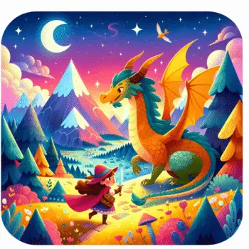 Menina enfrenta dragão amigável em paisagem montanhosa sob a luz da lua.