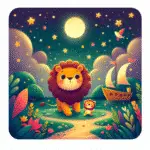 Leão filhote e leão adulto em noite estrelada com barco e lua cheia.