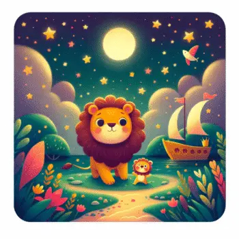 Leão filhote e leão adulto em noite estrelada com barco e lua cheia.