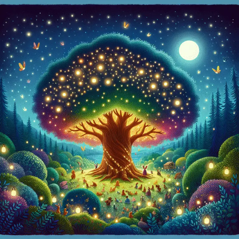 Árvore mágica iluminada por vaga-lumes, com pequenos coelhos e outros animais embaixo, sob a luz da lua.
