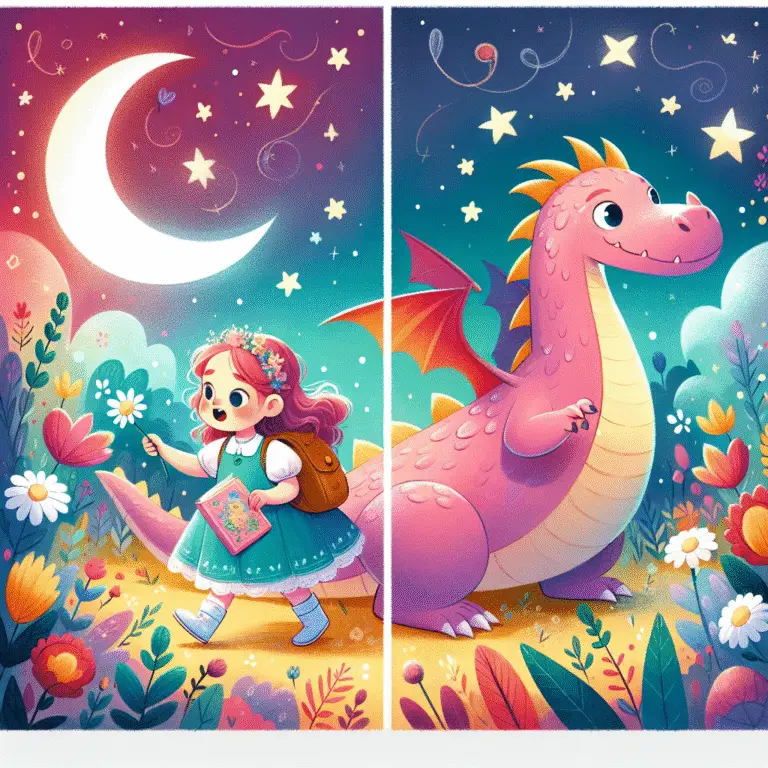 Menina e dragão rosa em cenário mágico com lua, estrelas e flores coloridas.