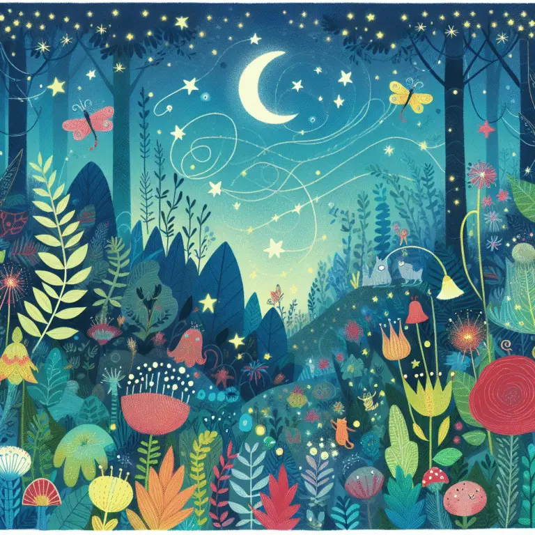 Ilustração noturna com lua crescente, estrelas, borboletas e animais em meio a flores e folhagens.