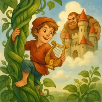 Menino sorrindo sobe em um pé de feijão com uma harpa dourada e um gigante furioso.