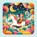 Duas crianças montam um unicórnio branco num cenário fantástico com lua e estrelas.