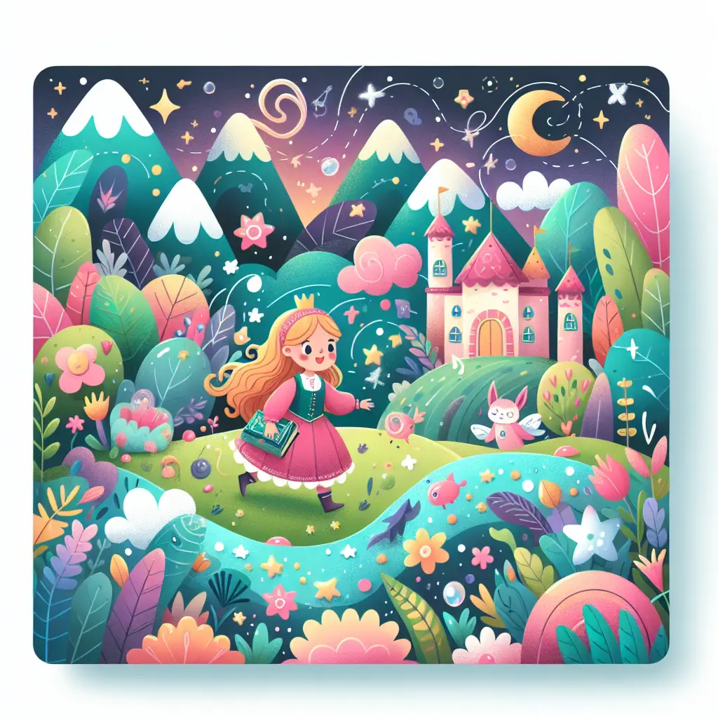 Princesa caminha por paisagem colorida com castelo, fada, montanhas e lua.