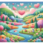 Cenário lúdico com coelhos, rio azul, corações rosa flutuantes e paisagem colorida.